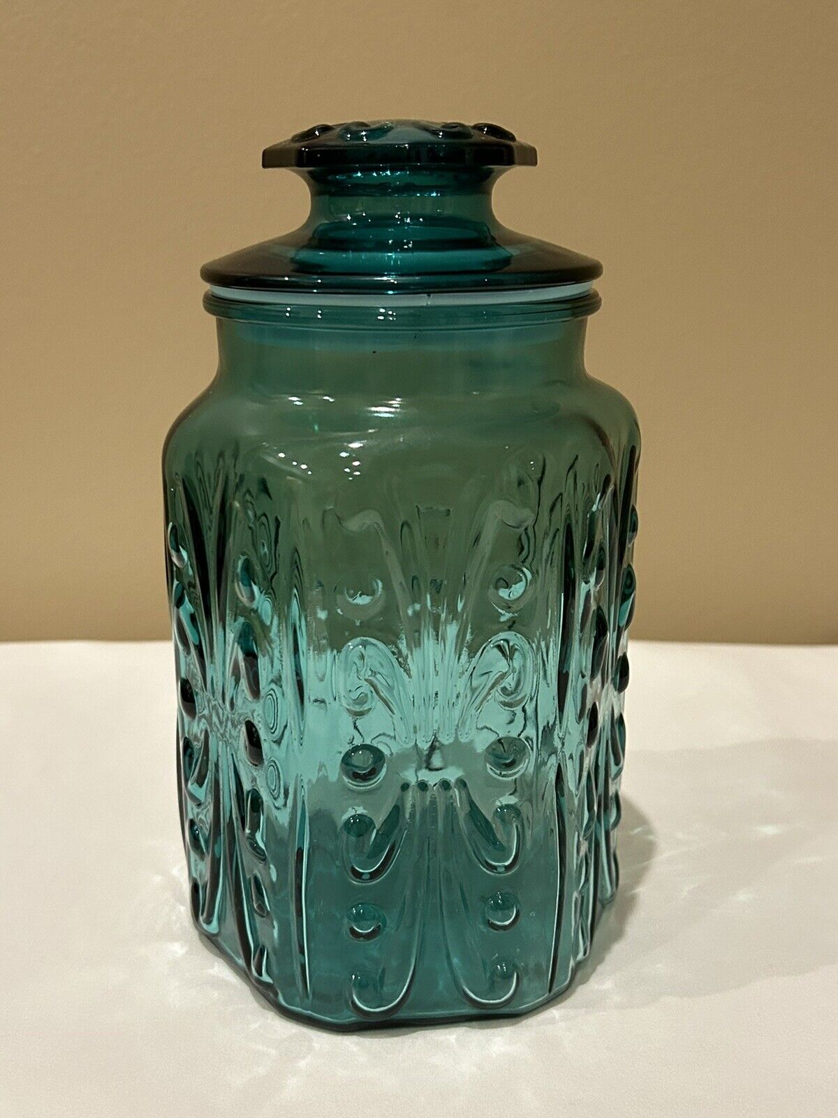 Vintage 9” LE Smith Atterbury Scroll Glass Apothecary Jar Canister Rich Blue