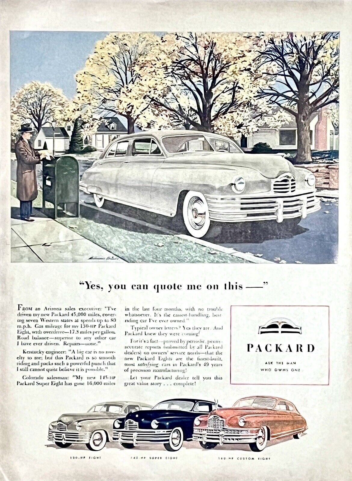 1948 Vtg Print Ad Packard Automobile Car Retro Garage MCM Man Fedora Decor Gas