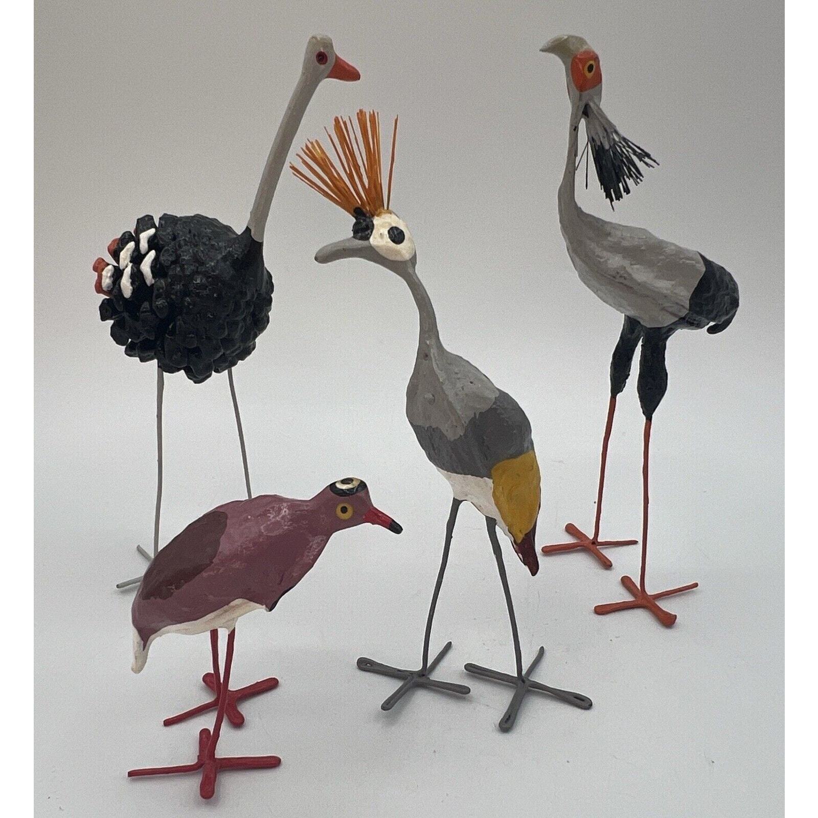 Set 4 African Seed Pod Bird Figurines Ostrich Crane Plover Secretary Birds 6\
