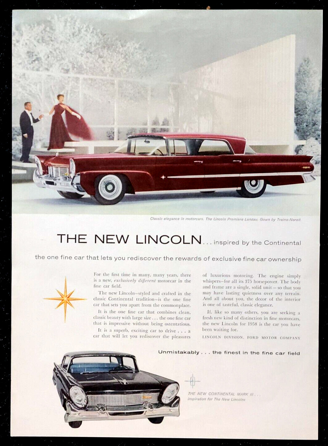 1958 Red Lincoln Premiere Landau 4-Door Vintage Print Ad