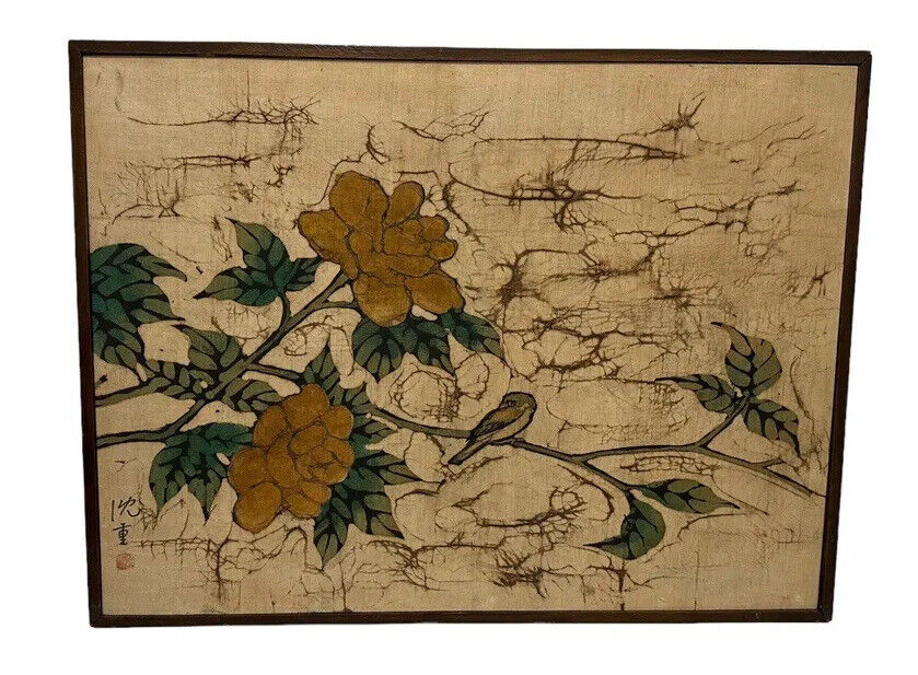 Vintage Original Chinese Batik Painting Birds Botanical Design Framed Signed
