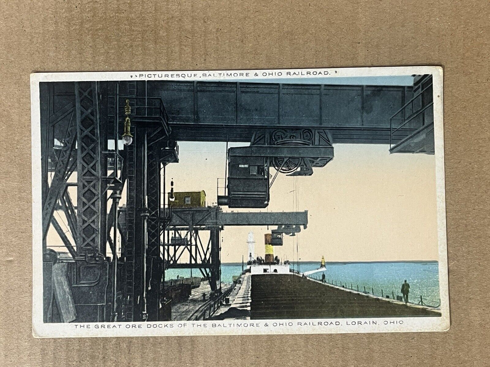 Postcard Lorain OH Baltimore Ohio Railroad Ore Docks Great Lakes Freighter Ship