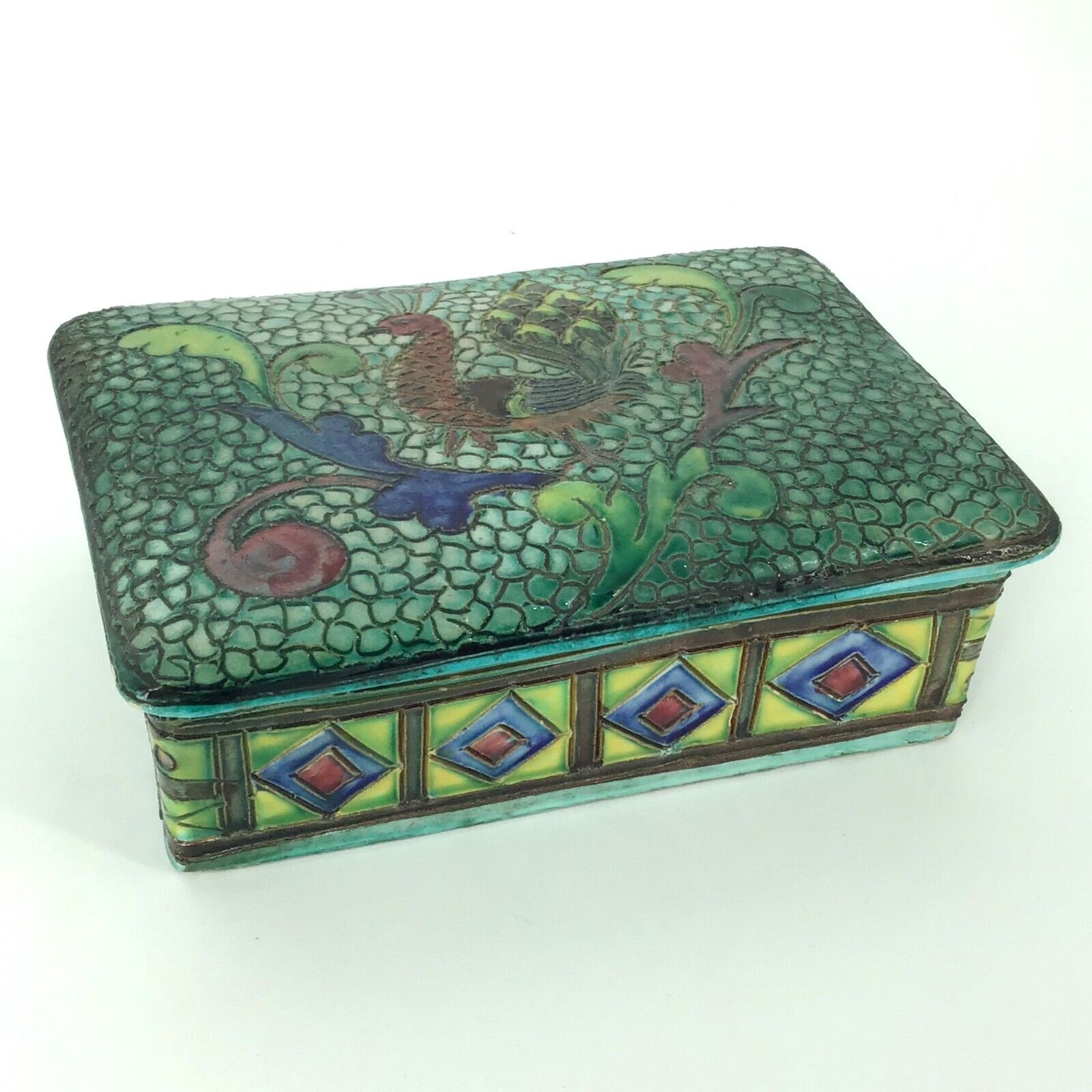 Vintage Peacock Hand Painted Textured Green Ceramic Trinket Box Italy