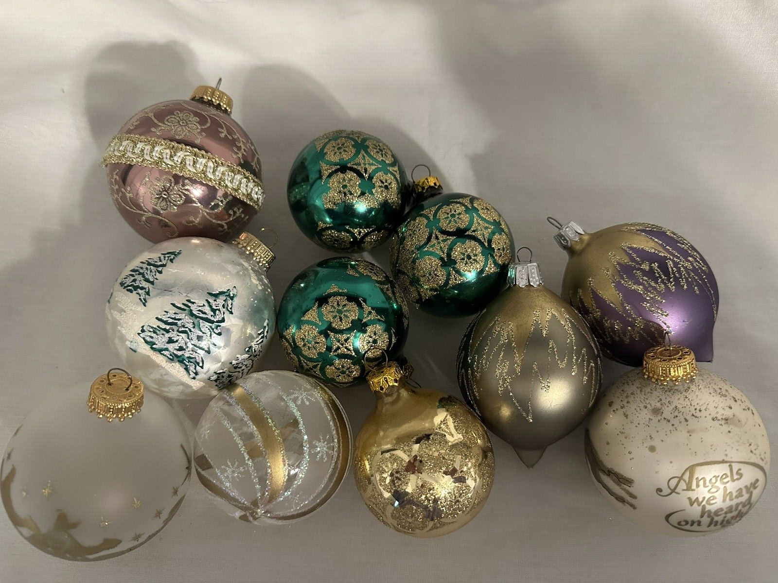 Lot of 11 VINTAGE Glass Christmas Tree Ornaments Green Silver Gold Purple