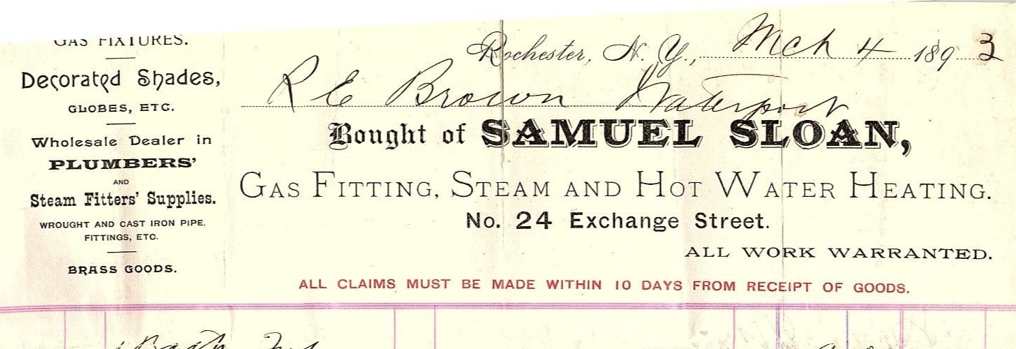 1893 ROCHESTER NY SAMUEL SLOAN GAS FITTING STEAM HEATING  BILLHEAD INVOICE Z1757