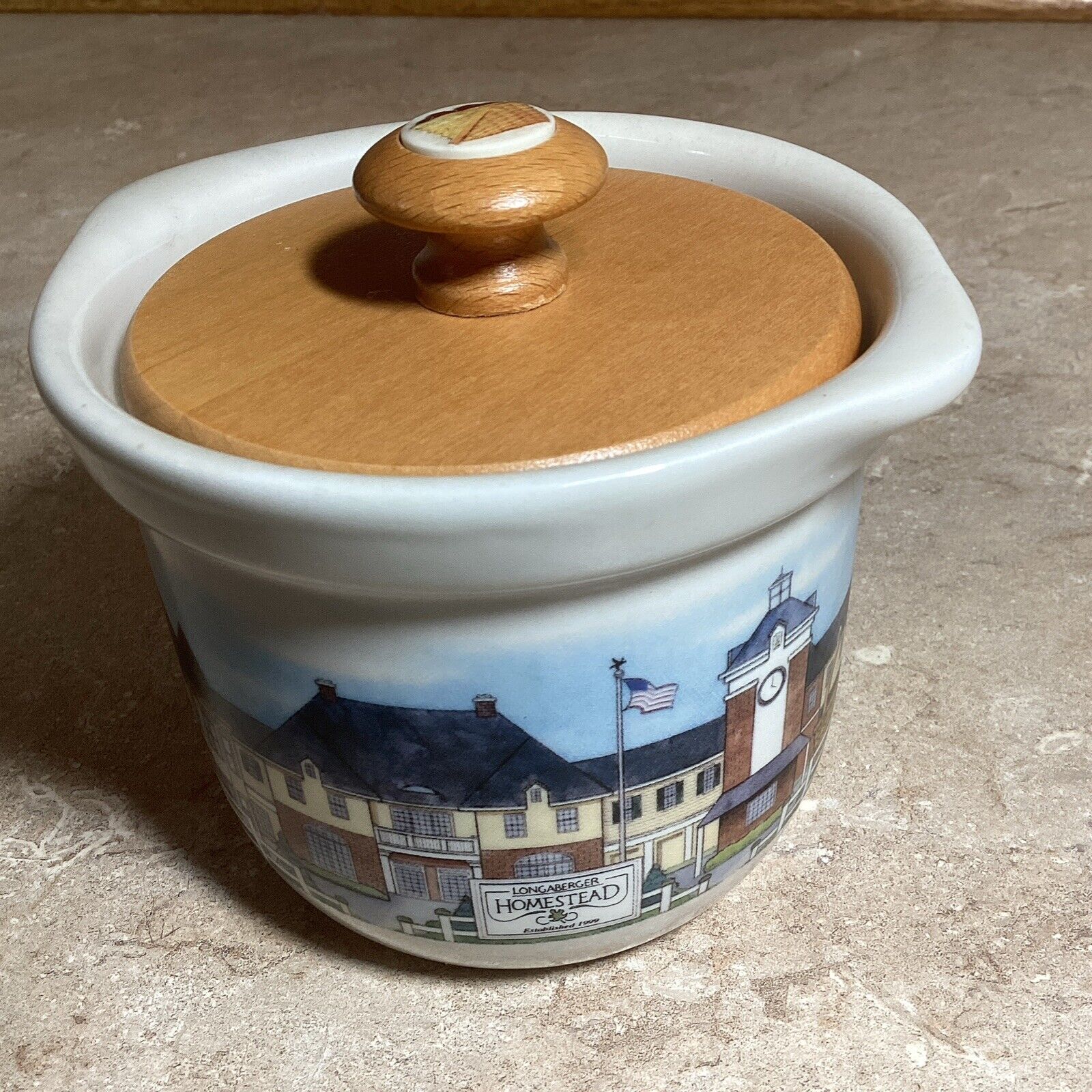 Longaberger Pottery Homestead Pint Small Crock with Wood Lid USA