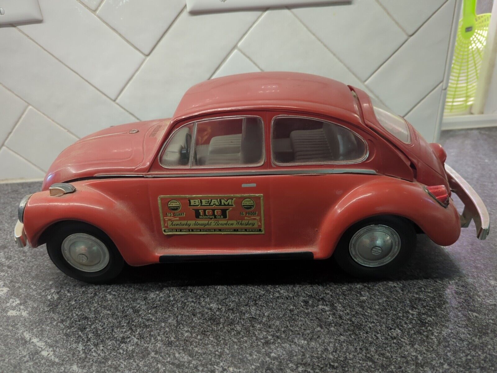 Vintage 1973 Volkswagen Beetle Bug Decanter, Red Jim Beam Collectible, 4/5 Qt