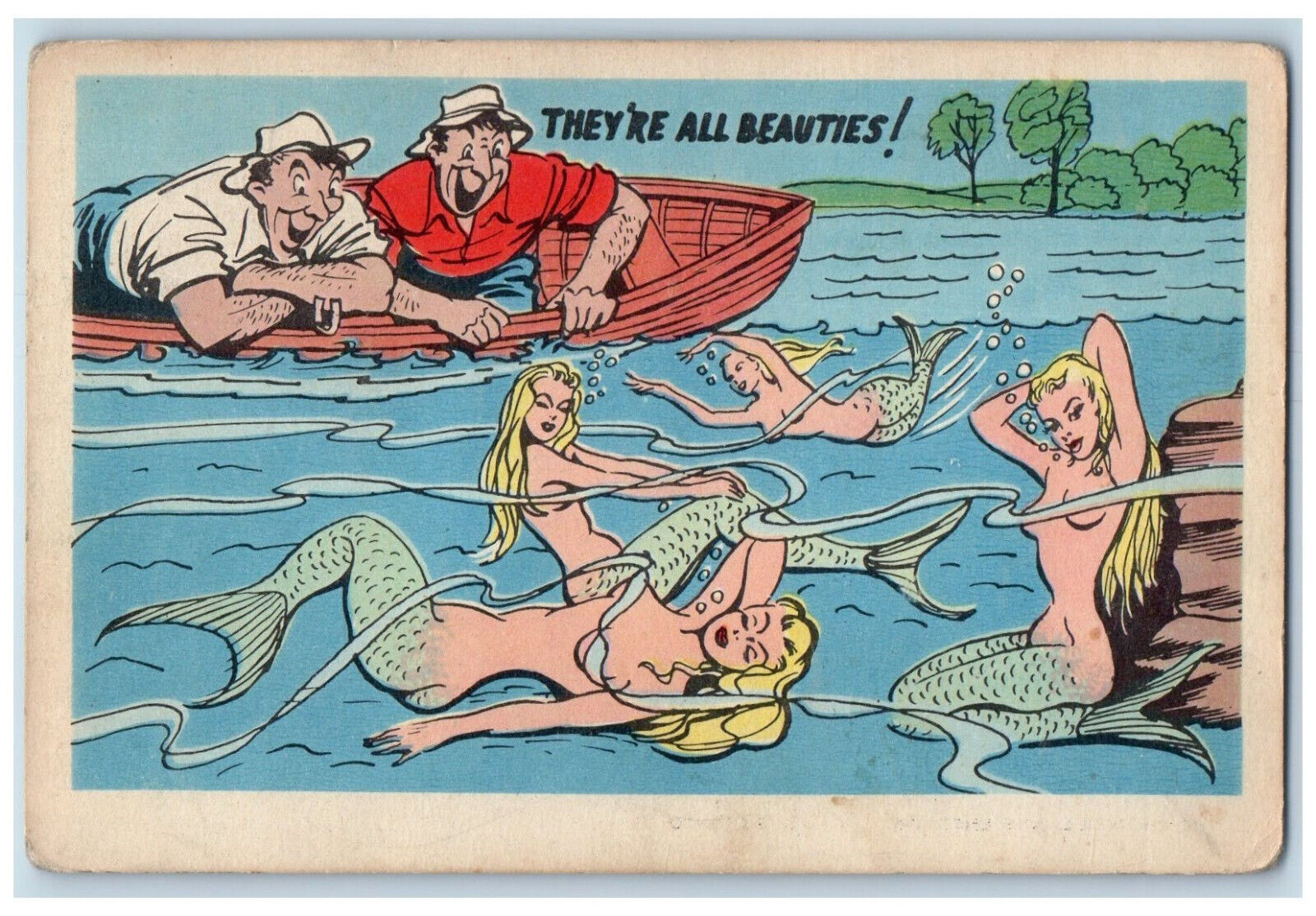 c1950's Mermaid Fishing Greetings from Myer's Cave Lodge Cloyne Canada Postcard