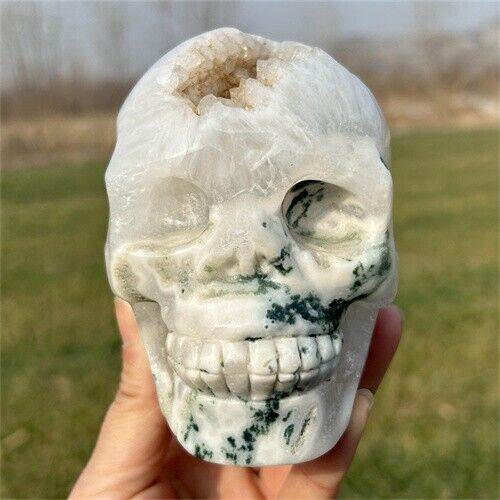 2.46lb Natural Moss Agate Quartz Hand Carved Crystal Skull Reiki Healing Decor 