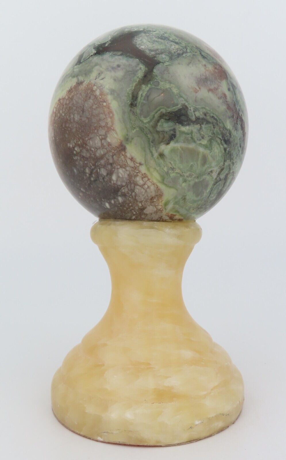 Polished Stone Ball Orb on Stone Base, possible Marble & Onyx stones very pretty