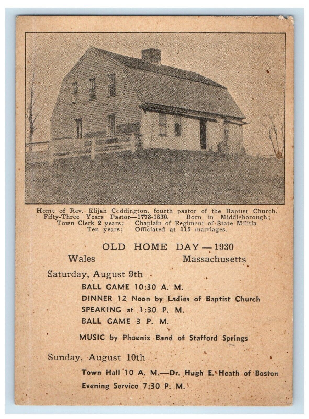 1930 Old Home Day Baptist Church Pastor Wales MA Baseball Reverend Postcard