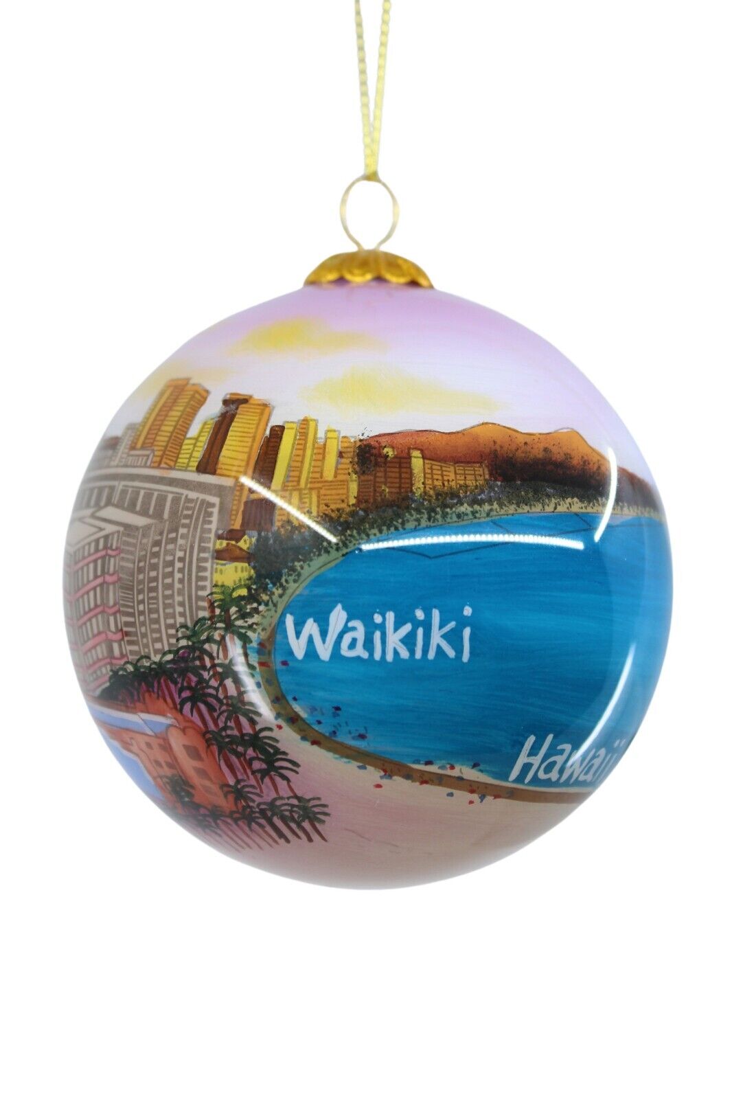Hawaiian Christmas Ornament - Hand Painted Glass w Box - Waikiki Sunset, Ocean