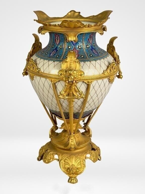 1870's Napoleon III French Porcelain & Bronze Centerpiece Jardinière Vase