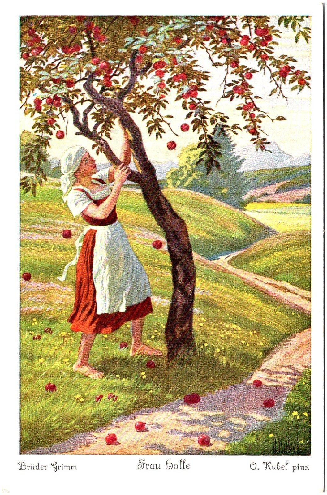 Postcard Brothers Grimm, Frau Holle, German Fairytale, O. Kubel, Apples