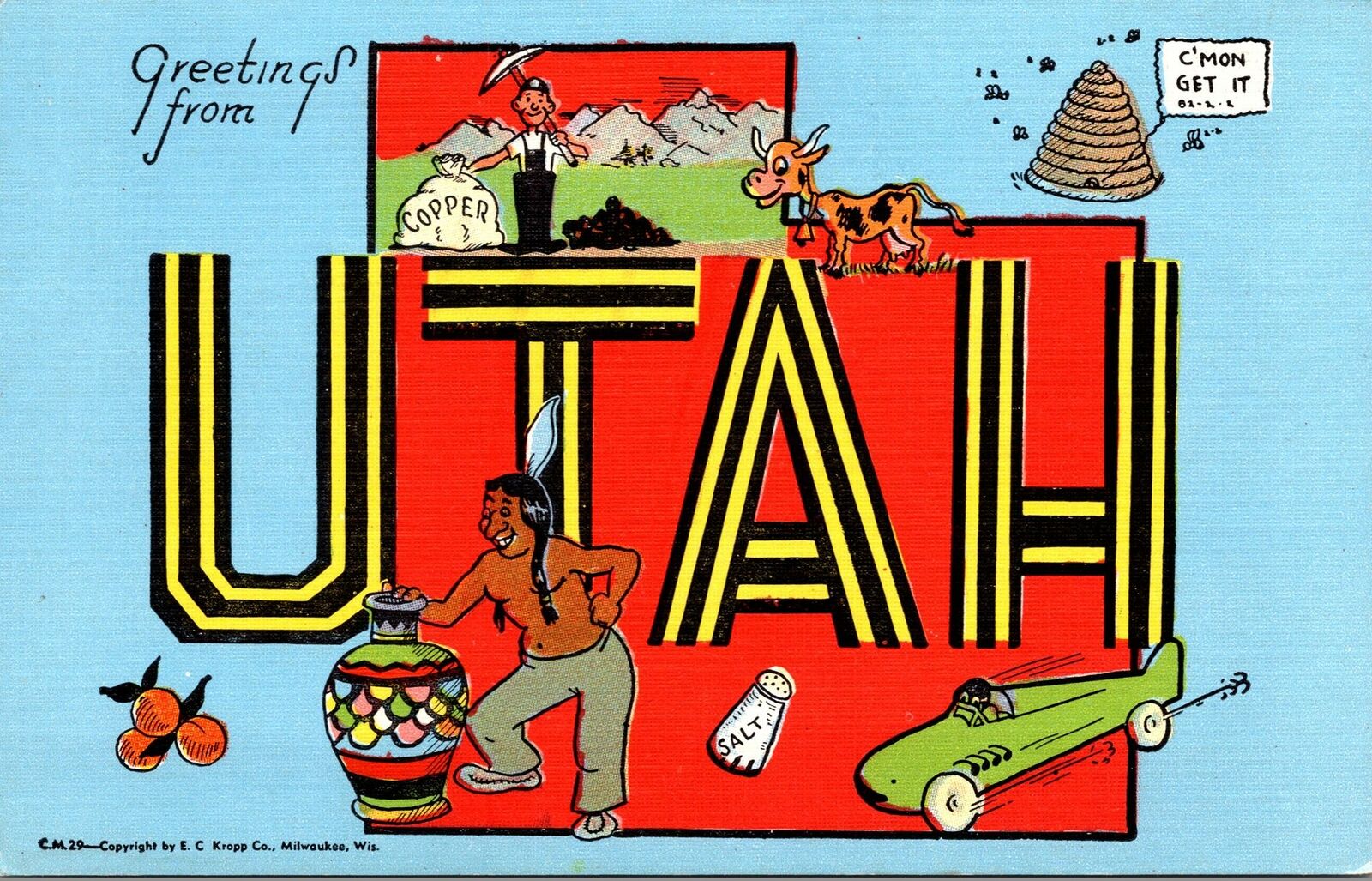 Greetings from Utah UT Postcard unused 1930s/40s light Blue Base