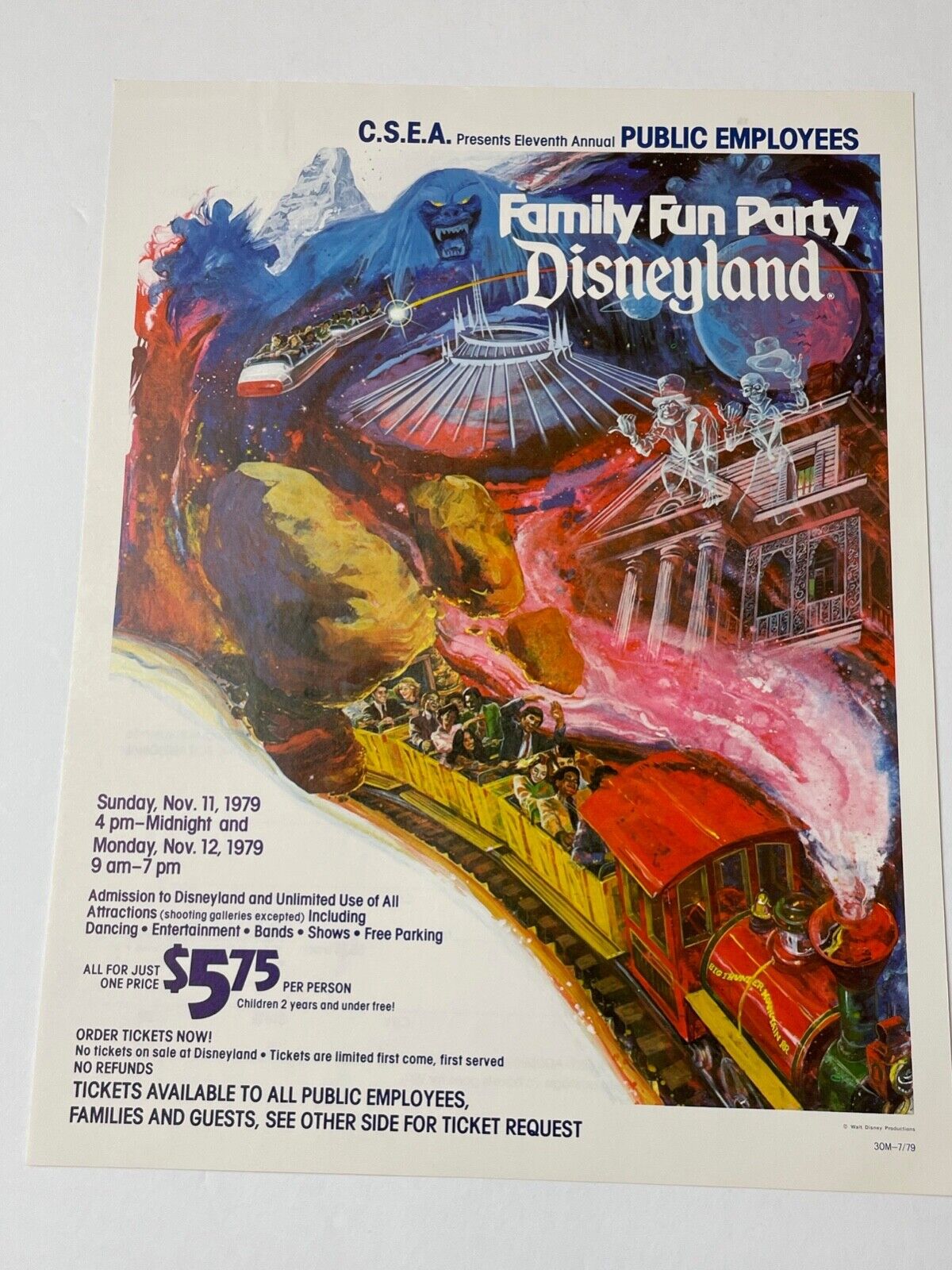 1979 Disneyland Family Fun Party Flyer HAUNTED MANSION SPACE MOUNTAIN vintage