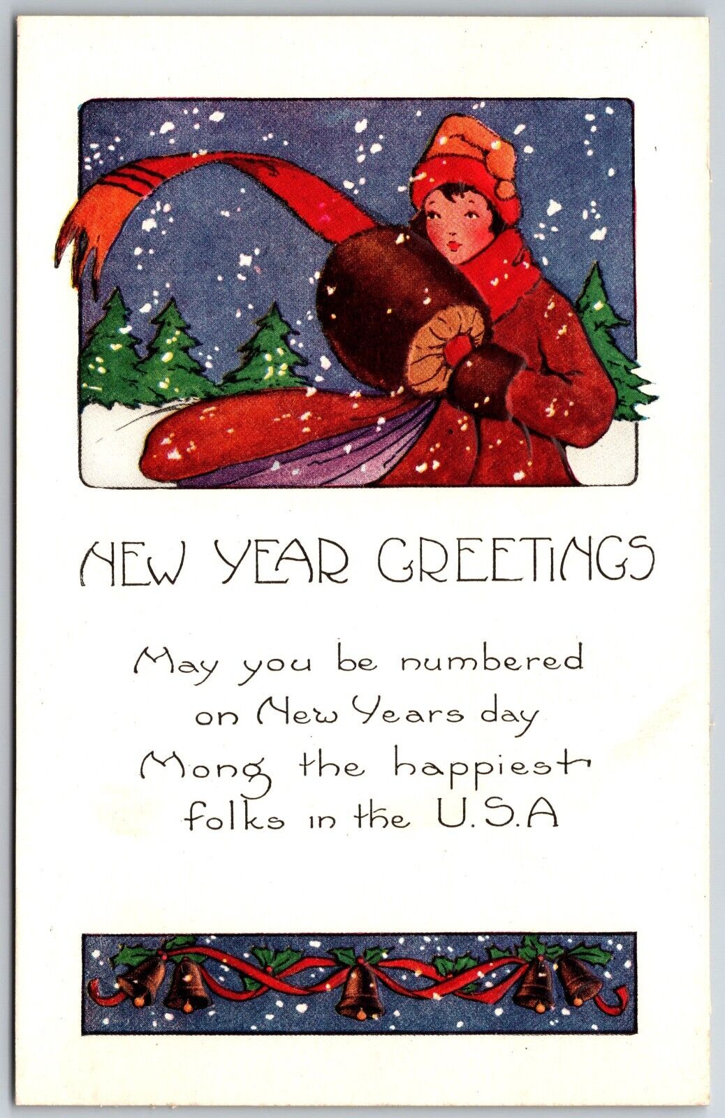 New Years Greetings May you be numbered U.S.A Pretty Woman Embossed Vtg Postcard