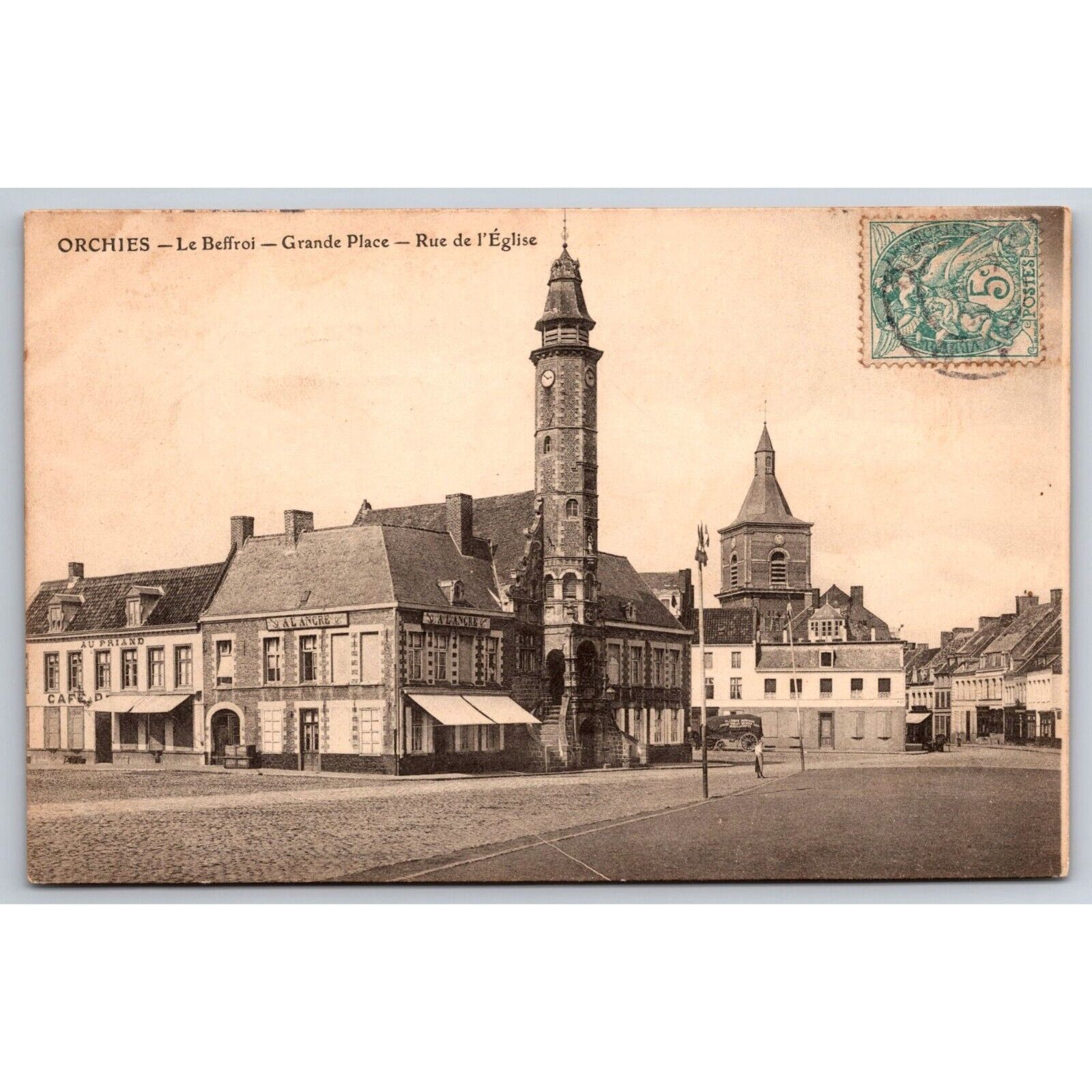 Postcard Antique Orchies Le Beffroi Grande Place Rue de l'Eglise c1900 0395