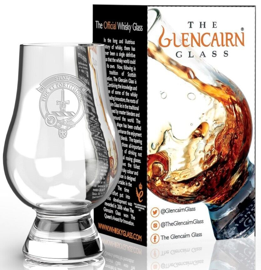 CLAN SHAW ETCHED SCOTCH MALT WHISKY GLENCAIRN TASTING GLASS