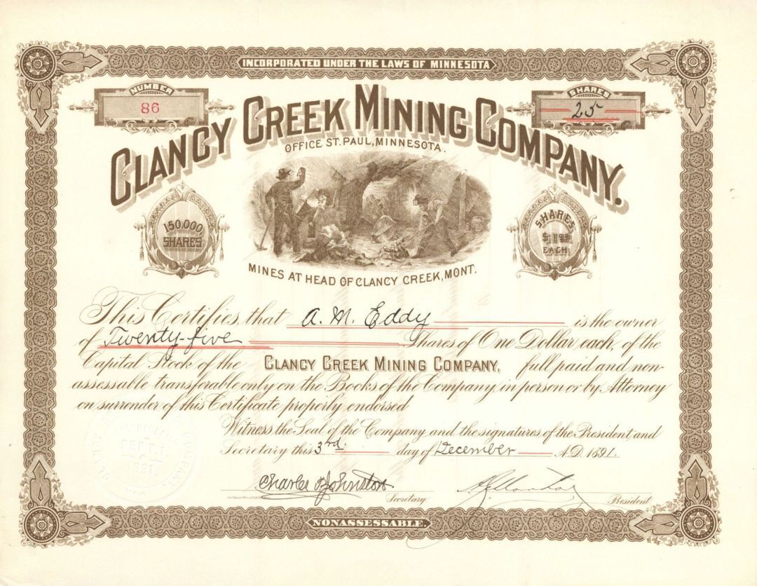 Clancy Creek Mining Co. - 1890\'s dated Montana Mining Stock Certificate - Mines 
