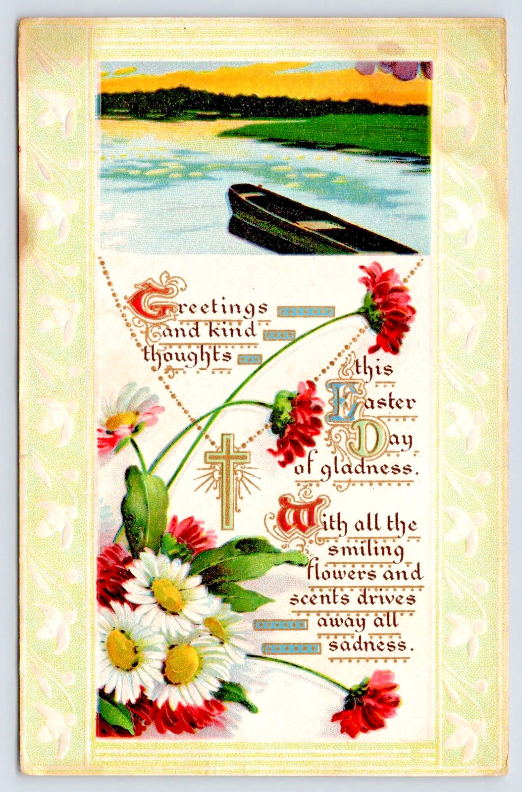 Postcard Antique Embossed Easter Poem Flowers