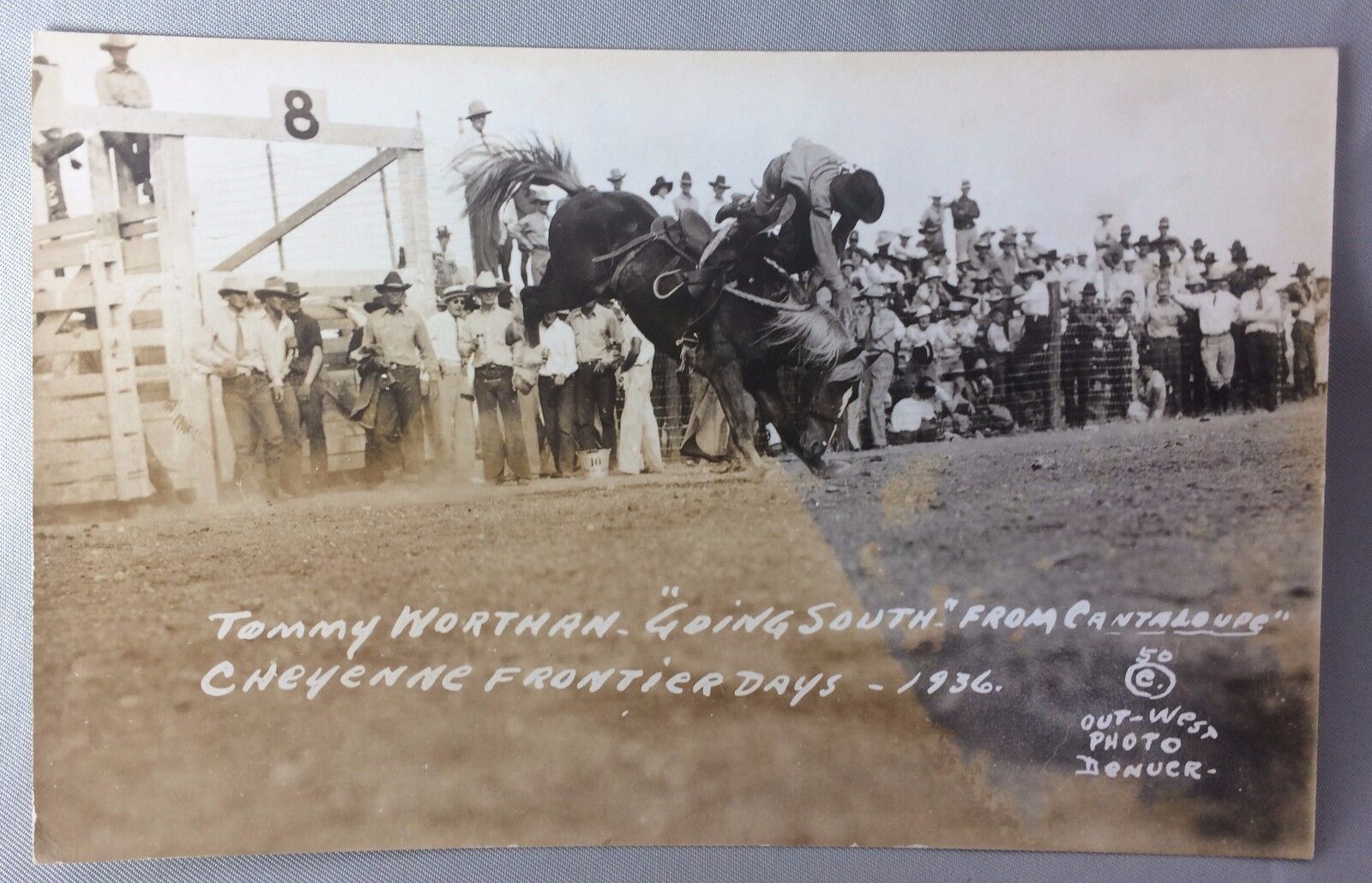 1936 RODEO Worthan BRONCO RPPC Real Photo POSTCARD Cowboy CHEYENNE Frontier DAYS