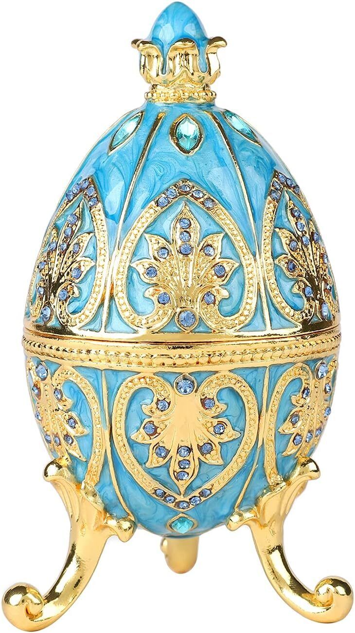 Bejeweled SkyBlue Faberge Egg Hinged Metal Enameled Crystal Trinket box