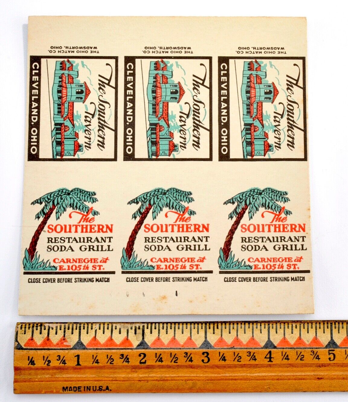 Vintage 1930's Matchbook Cover The Southern Tavern Soda Grill-Cleveland, OH #31
