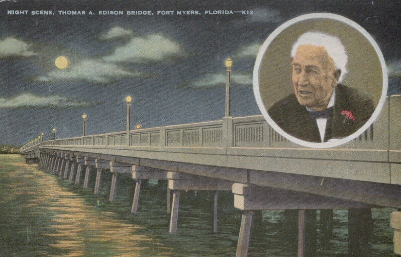 Night Scene Thomas A Edison Bridge Fort Meyers FL Vintage Divided Back Post Card