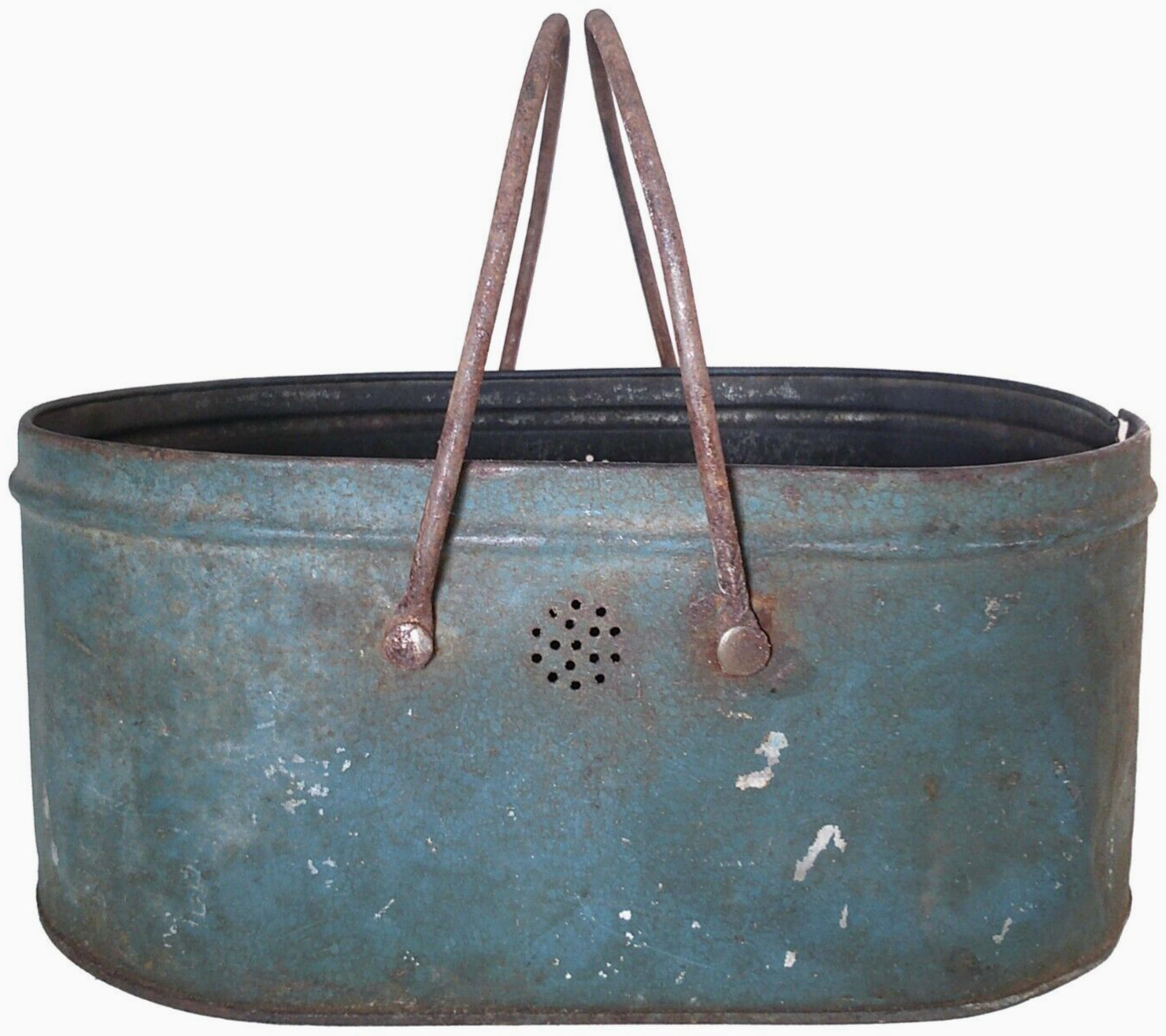 RARE MID-19TH C AMERICAN PRIMITIVE, ANTIQUE BLUE PAINTED, HANDLED TIN LUNCH PAIL