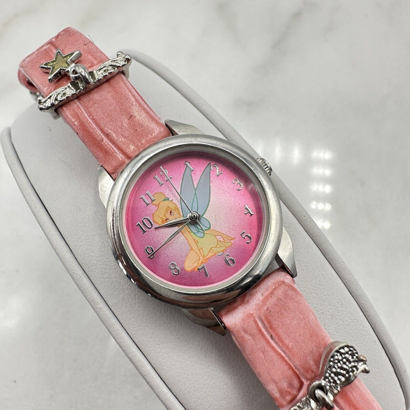 Walt Disney TINKERBELL Watch Pink Leather Band & 2-Charms New Battery