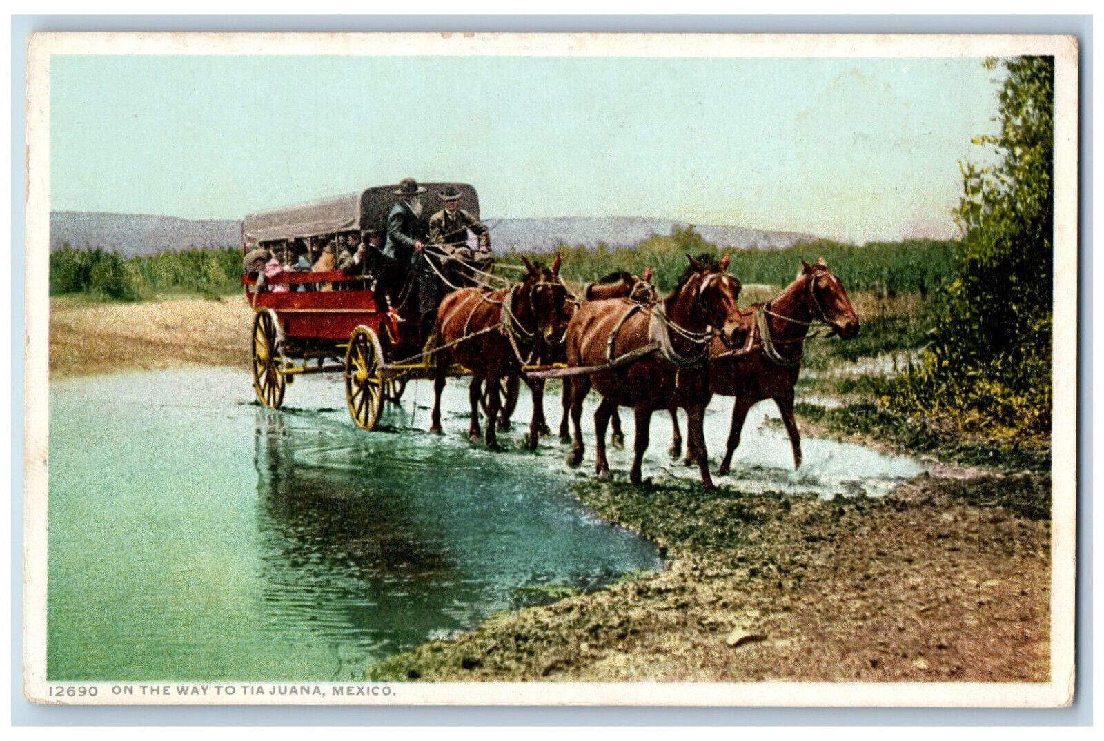 BC Mexico Postcard Horse Car On The Way to Tia Juana c1920's Phostint