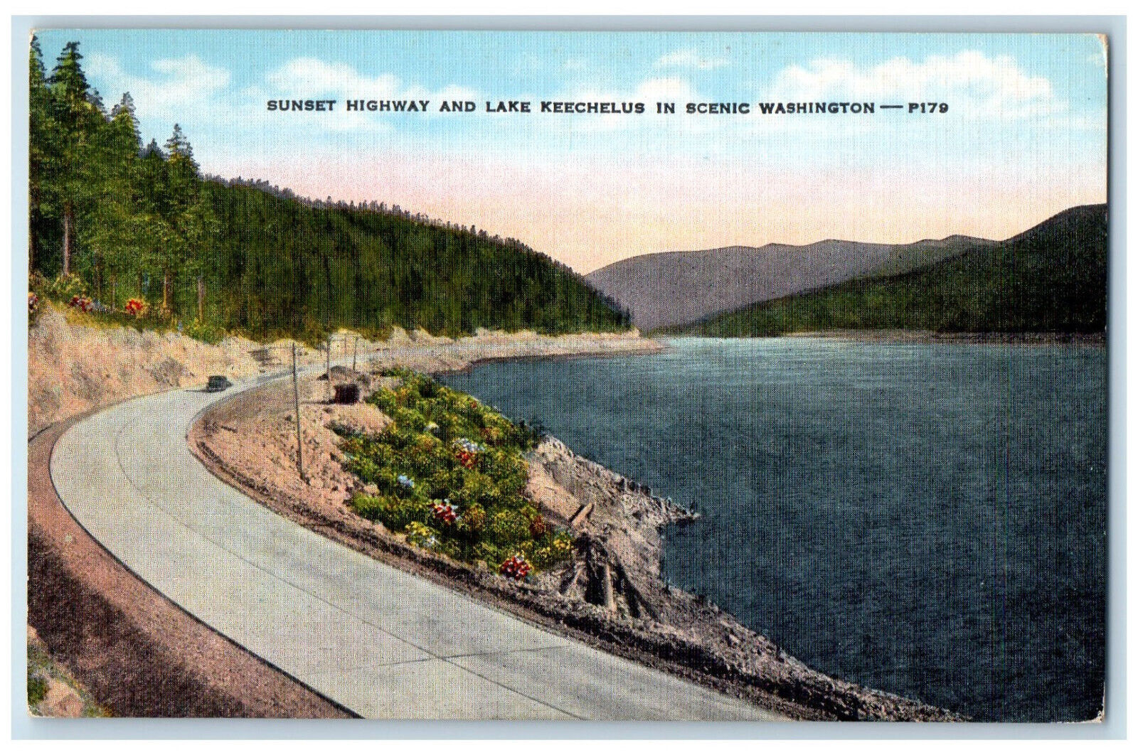 c1940's Sunset Highway and Lake Keechelus In Scenic Washington WA Postcard