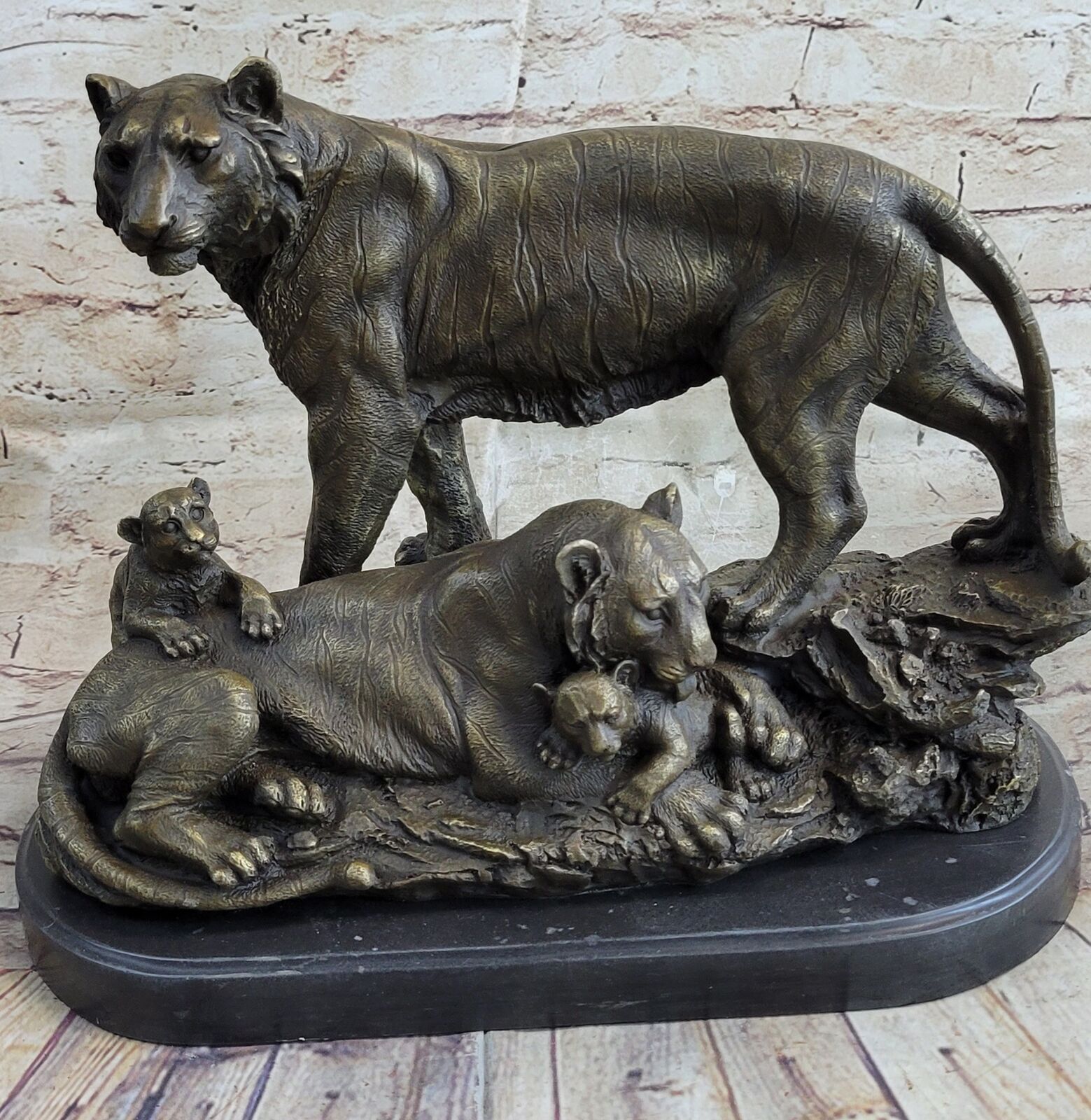Real Bronze Metal Statue on Marble Base Big Cat Male Tiger King Sculpture Statue