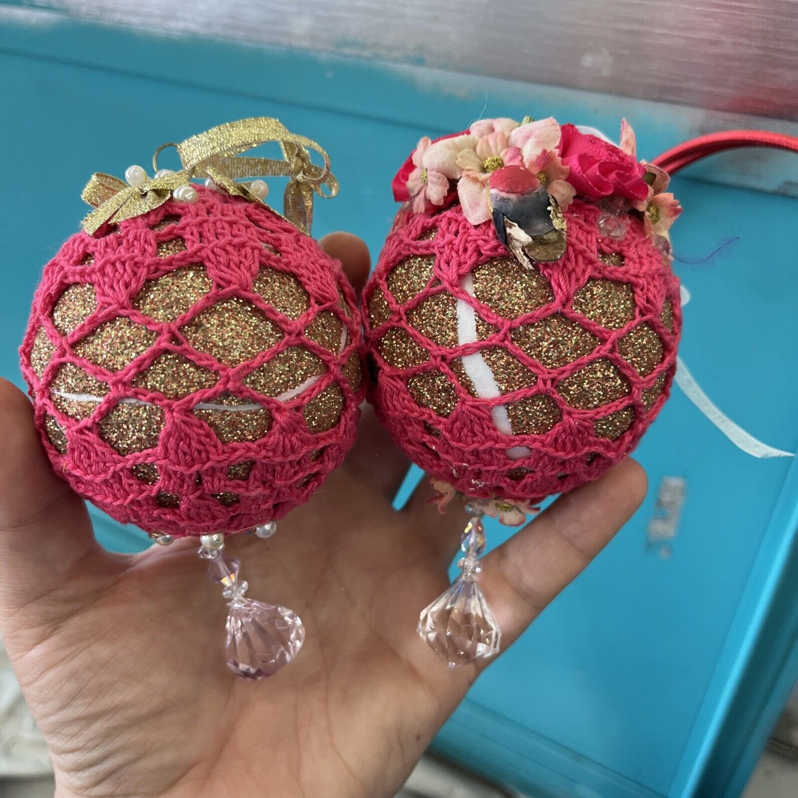 Set Of 2 Vintage Crochet Ornaments With Birds Glittery