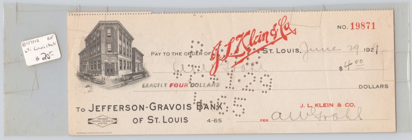 1929 Little Brown Jug J L Klein Co Check St Louis Missouri Bank