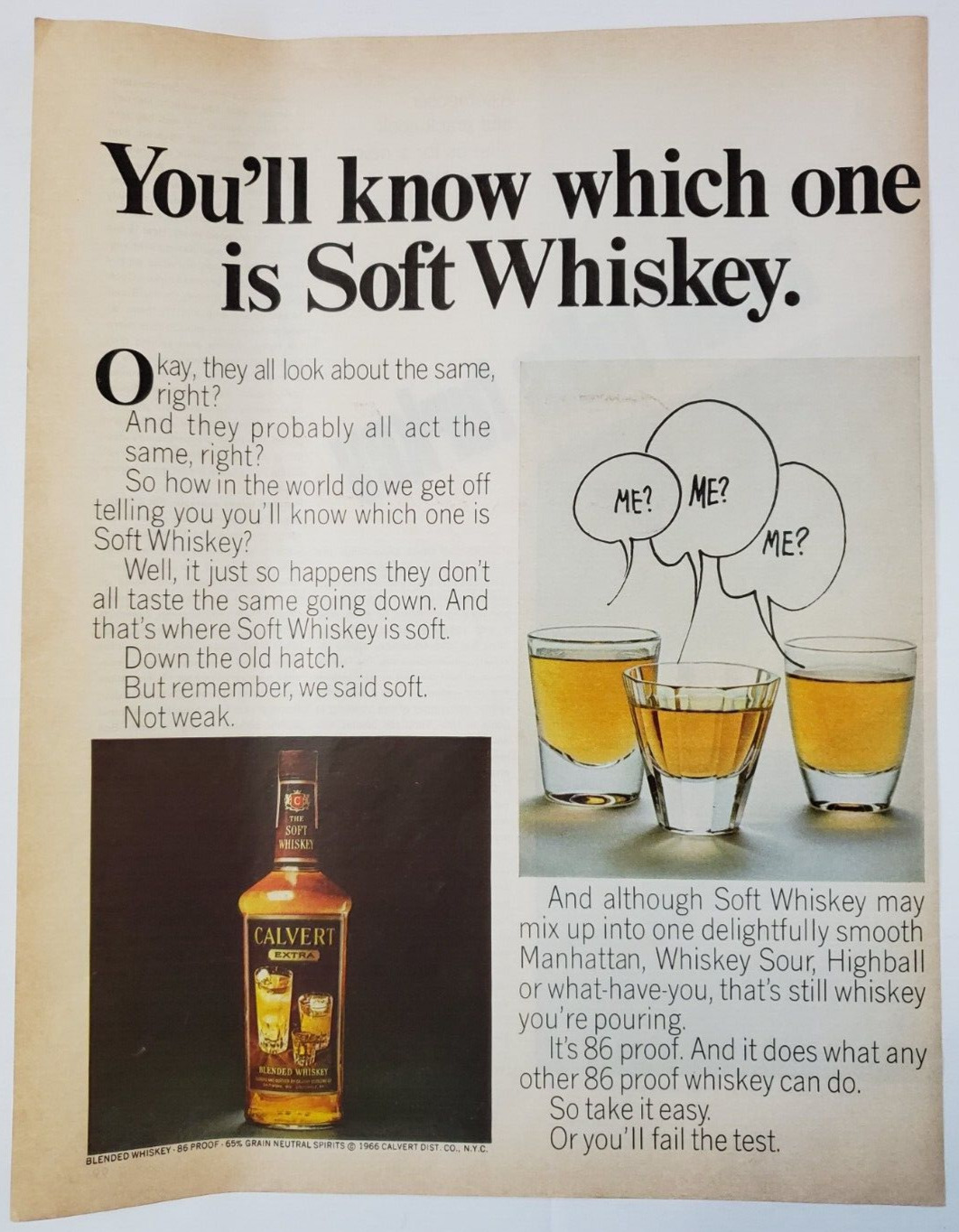 1967 Calvert Extra Vintage Print Ad You\'ll Know Which One Is Soft Whisky