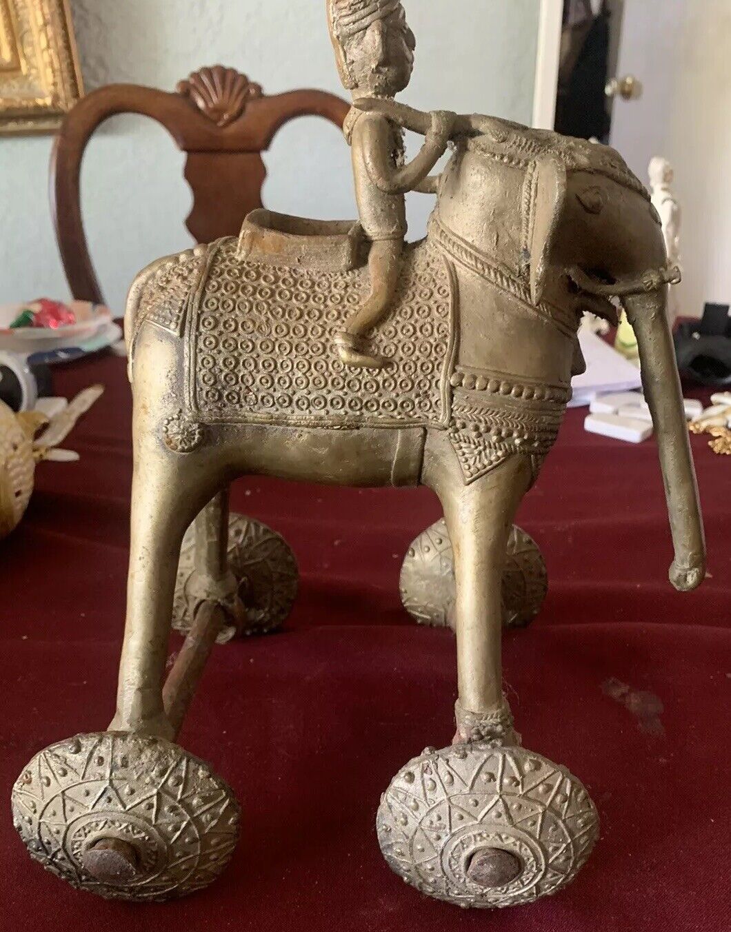 Antique Rare India Large Brass Elephant On Moving Wheels ￼& Native Rider 1900s
