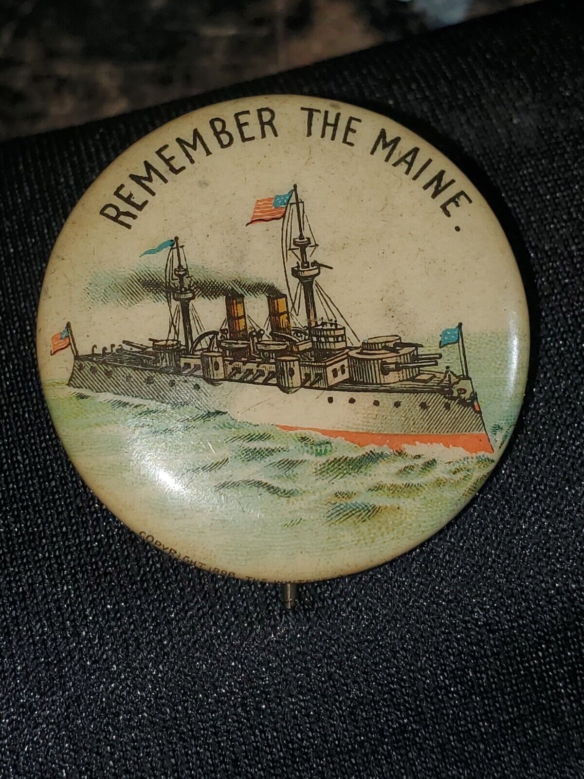 Antique 1898 Remember the Maine Pin Battleship Back Spanish American War