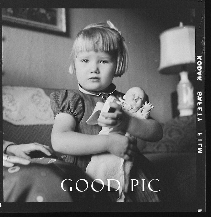 #YW - Vintage Amateur Photo Negative - Girl Holding a Doll- Old Pic