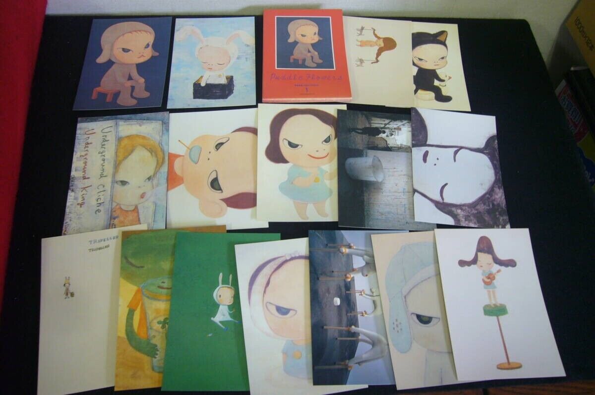 Yoshitomo Nara postcards, complete set of puddle flowers 1-4, from Japan rare.