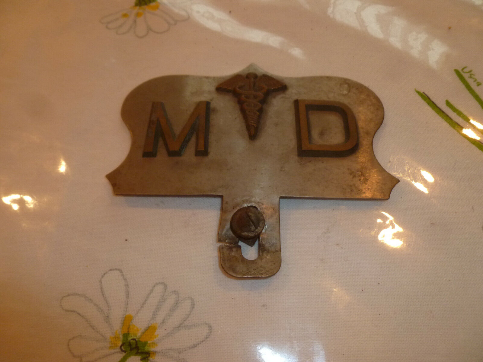 Vintage Old Medical Metal MD Sign W/ Emblem  License topper