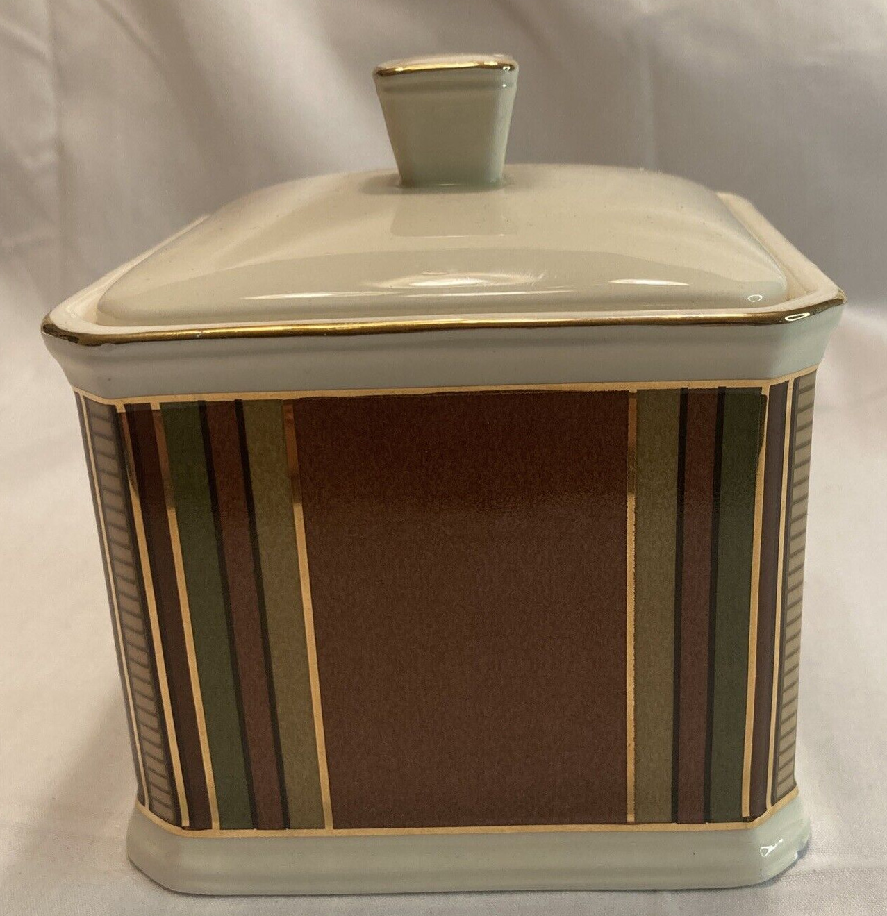 Vintage Striped Porcelain Small Square Cannister Jar With Lid Gold Trim
