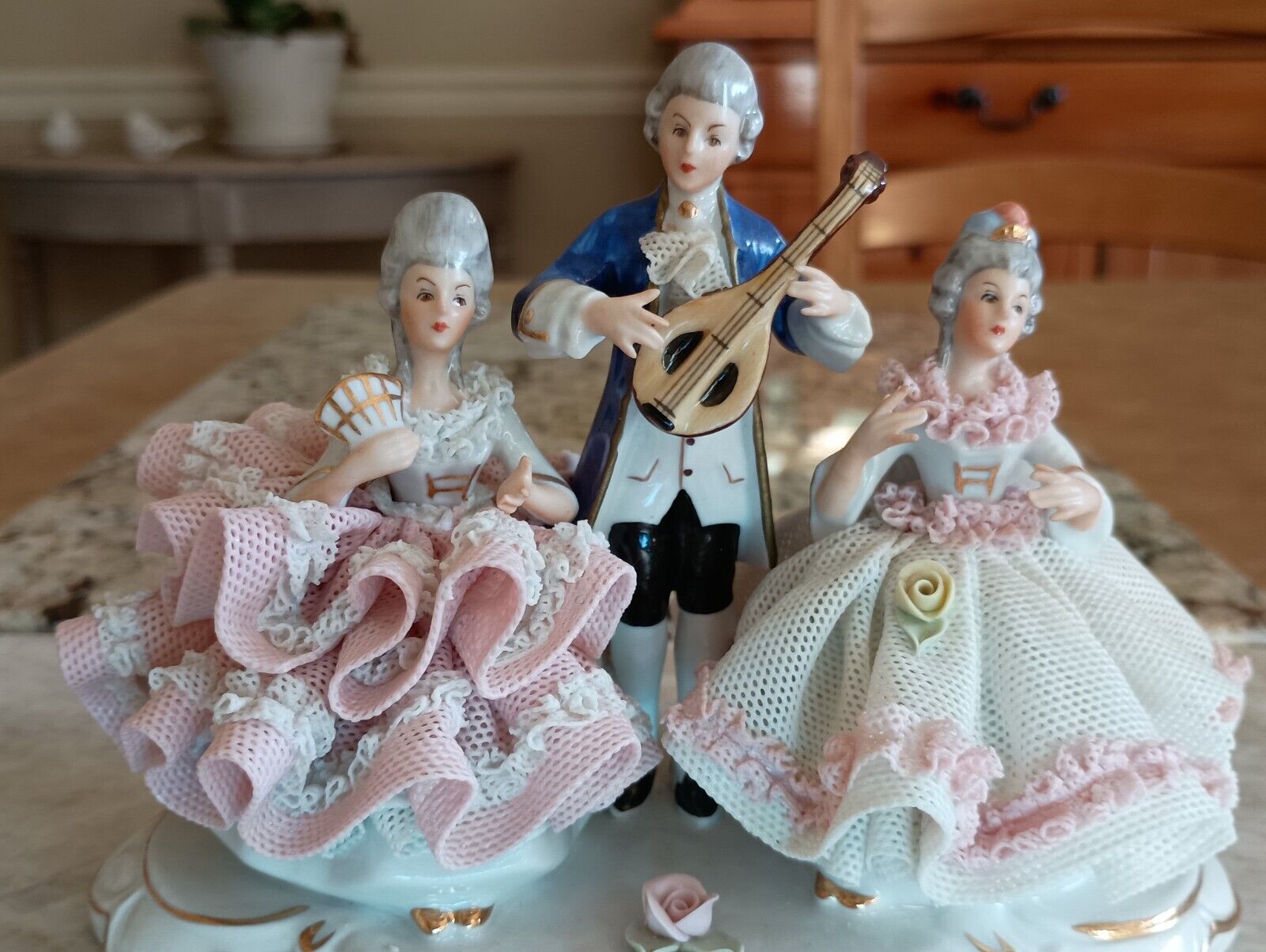 Irish Dresden Figural Grouping of Man Playing Mandolin for Female Companions