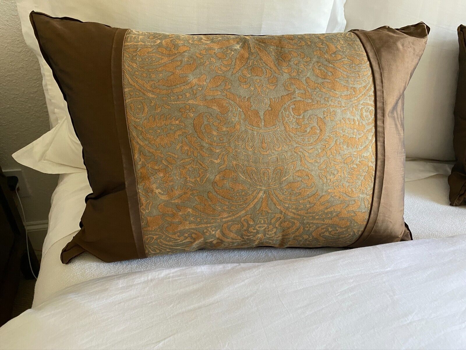 Two Fortuny Vintage fabric pillows with inserts with dark brown cotton accents