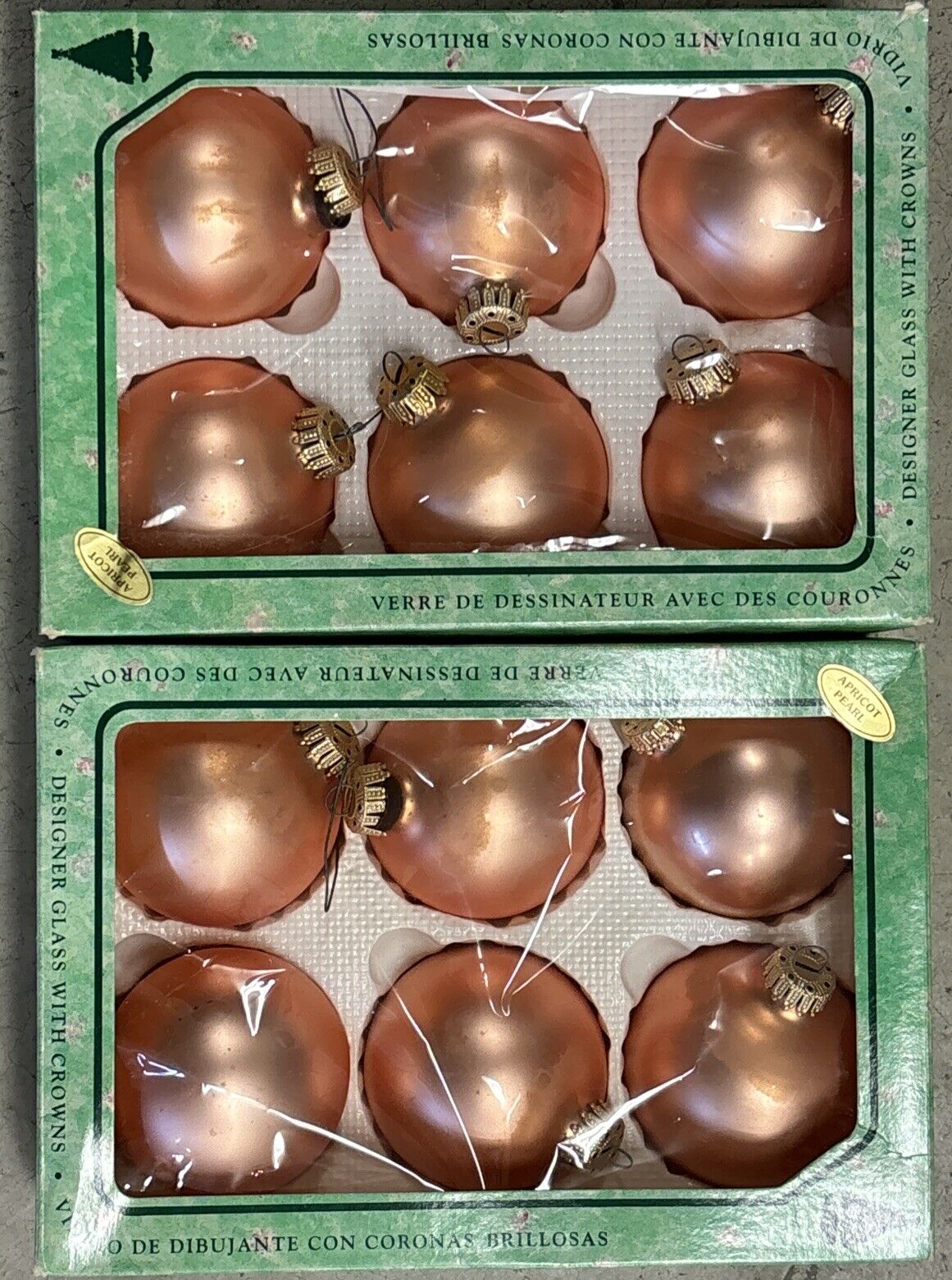 Christmas By Krebs Glass Ornaments Apricot Pearl W/Crowns Vintage Set of 12