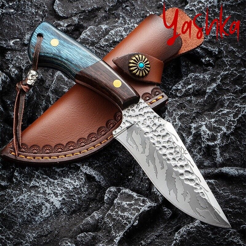 Viking Hunting Knife Flamed Pattern Hammered Forged Fixed Blade Outdoor BBQ Tool