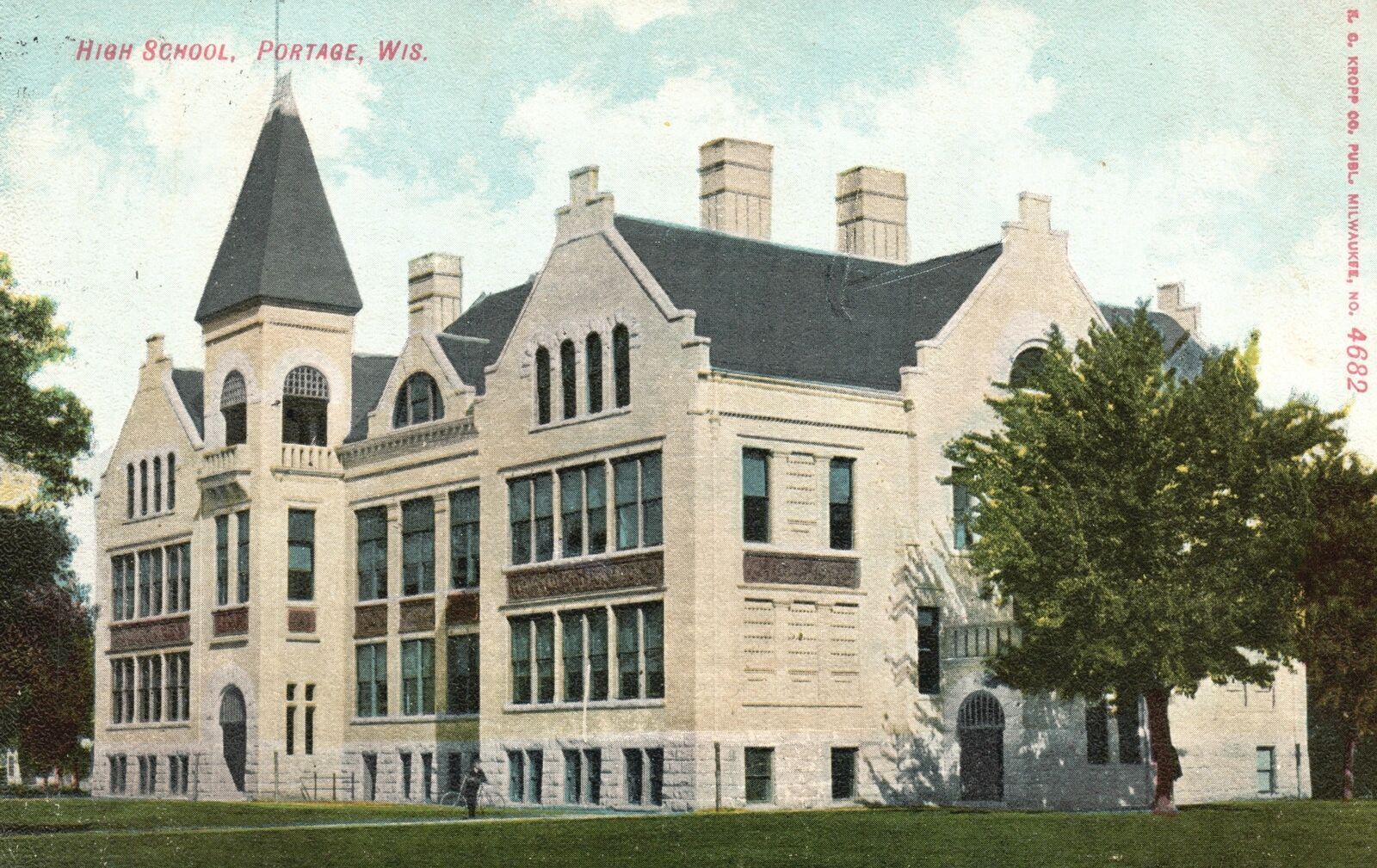 Portage WI-Wisconsin, 1908 High School Street View Stone Build, Vintage Postcard