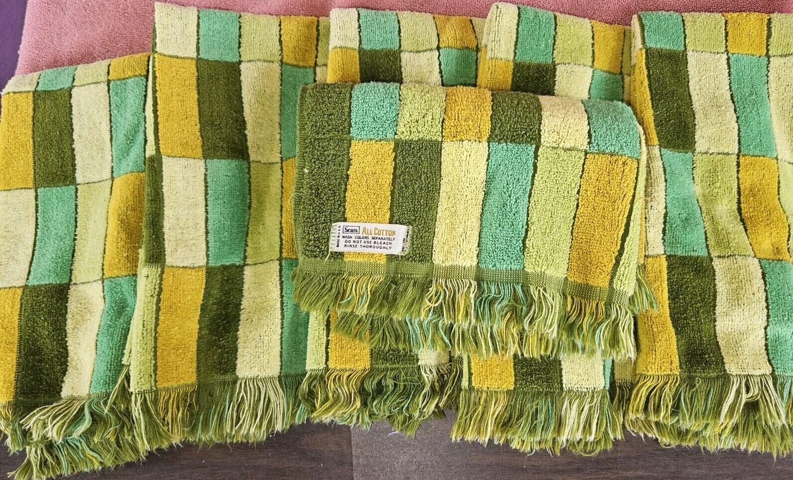 Vintage Sears 2 Hand Towel Set Avocado Green Gold MCM Fringe USA  MCM Mod