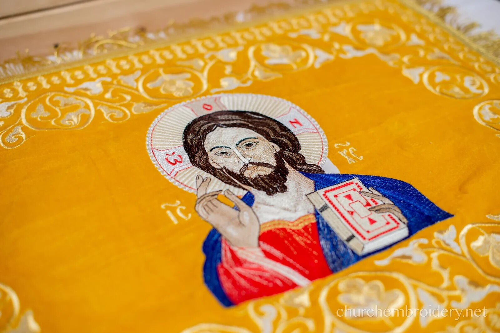 Chalice covers set white cotton velvet, Gold, with icon of our Lord Jesus Christ